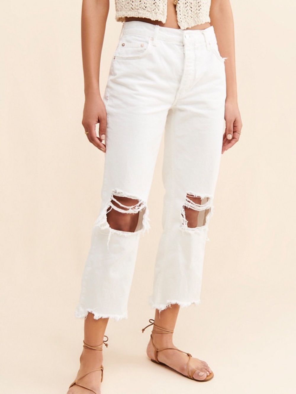 Free People WE THE FREE Maggie Distressed Cropped Straight Jeans in white